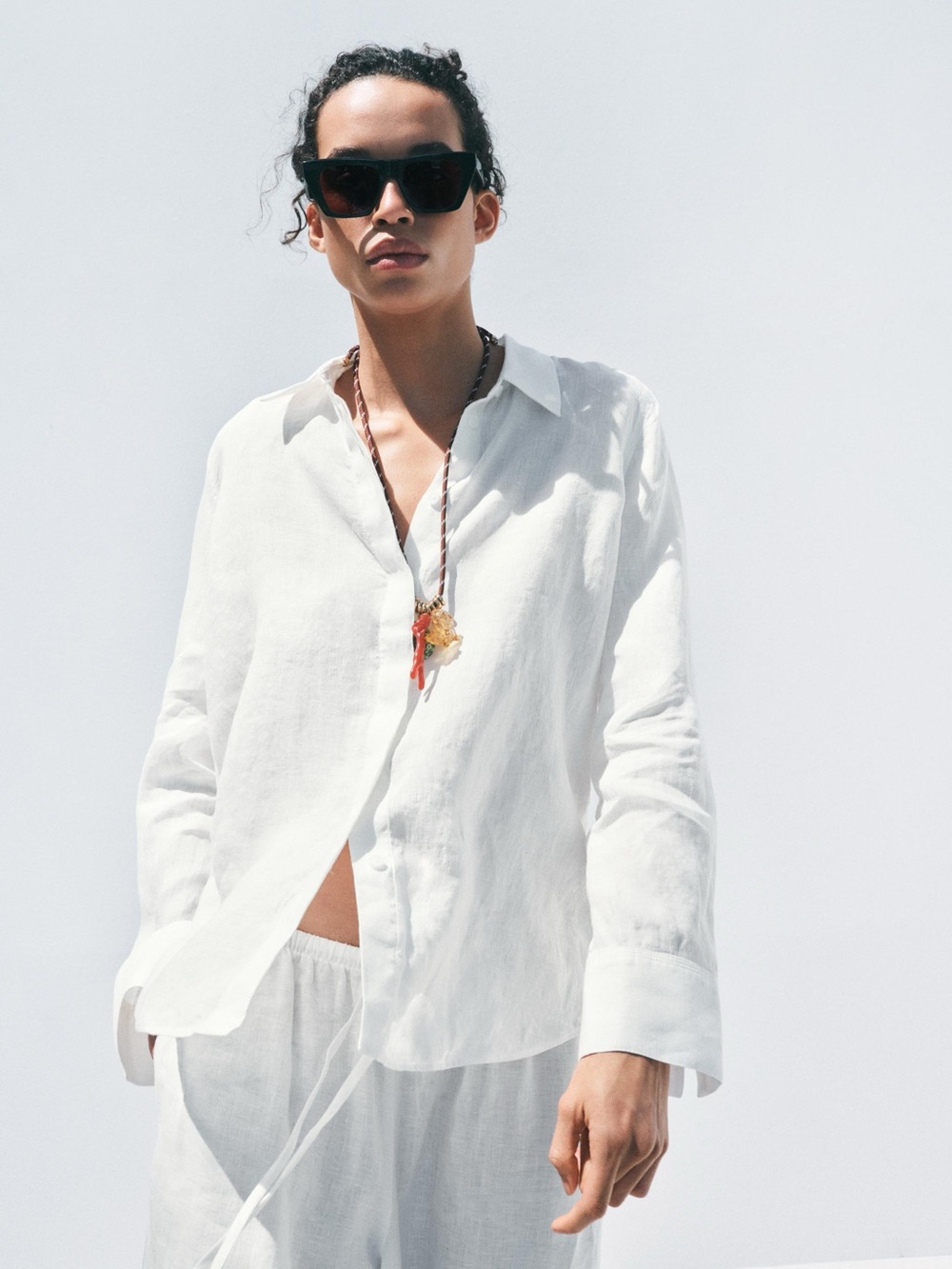 Zara 100% Linen ZW Collection White Shirt, with a lapel collar and long sleeves.